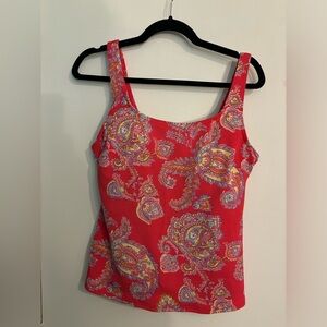 Lands’ End Womens Tankini Top Orange Yellow Paisley Shelf Bra Molded‎ Cups Sz 14